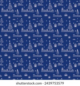 New Year, Christmas linear pattern with fir trees. Scandinavian Norwegian simple winter print. Minimalistic graphic illustration. Striped herringbone pattern with snowflakes, snowballs.