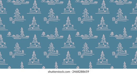 New Year, Christmas linear pattern with fir trees. Scandinavian Norwegian simple winter print. Minimalistic graphic illustration. Striped herringbone pattern with snowflakes, snowballs.