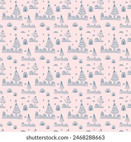 New Year, Christmas linear pattern with fir trees. Scandinavian Norwegian simple winter print. Minimalistic graphic illustration. Striped herringbone pattern with snowflakes, snowballs.