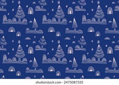 New Year, Christmas linear pattern with fir trees. Scandinavian Norwegian simple winter print. Minimalistic graphic illustration. Striped herringbone pattern with snowflakes, snowballs.