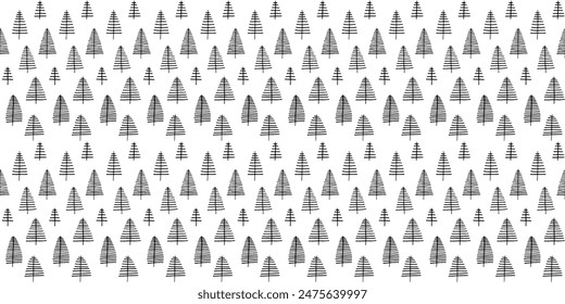 New Year, Christmas linear pattern with fir trees. Scandinavian Norwegian simple winter print. Minimalistic graphic illustration. Striped herringbone pattern with snowflakes, snowballs.