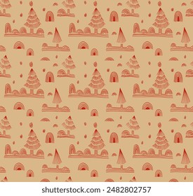 New Year, Christmas linear pattern with fir trees. Scandinavian Norwegian simple winter print. Minimalistic graphic illustration. Striped herringbone pattern with snowflakes, snowballs.