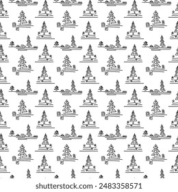 New Year, Christmas linear pattern with fir trees. Scandinavian Norwegian simple winter print. Minimalistic graphic illustration. Striped herringbone pattern with snowflakes, snowballs.