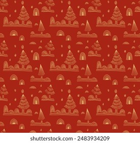 New Year, Christmas linear pattern with fir trees. Scandinavian Norwegian simple winter print. Minimalistic graphic illustration. Striped herringbone pattern with snowflakes, snowballs.