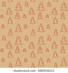 New Year, Christmas linear pattern with fir trees. Scandinavian Norwegian simple winter print. Minimalistic graphic illustration. Striped herringbone pattern with snowflakes, snowballs.