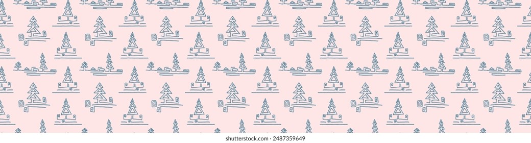 New Year, Christmas linear pattern with fir trees. Scandinavian Norwegian simple winter print. Minimalistic graphic illustration. Striped herringbone pattern with snowflakes, snowballs.