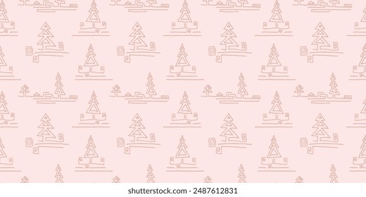 New Year, Christmas linear pattern with fir trees. Scandinavian Norwegian simple winter print. Minimalistic graphic illustration. Striped herringbone pattern with snowflakes, snowballs.