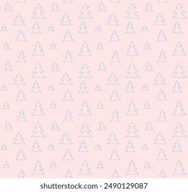 New Year, Christmas linear pattern with fir trees. Scandinavian Norwegian simple winter print. Minimalistic graphic illustration. Striped herringbone pattern with snowflakes, snowballs.