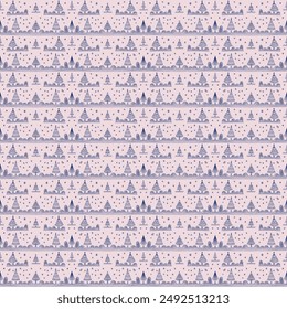 New Year, Christmas linear pattern with fir trees. Scandinavian Norwegian simple winter print. Minimalistic graphic illustration. Striped herringbone pattern with snowflakes, snowballs.