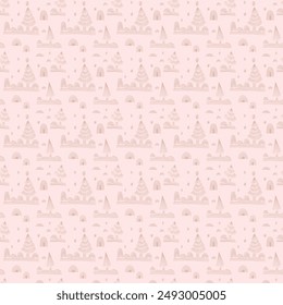 New Year, Christmas linear pattern with fir trees. Scandinavian Norwegian simple winter print. Minimalistic graphic illustration. Striped herringbone pattern with snowflakes, snowballs.