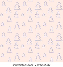 Año Nuevo, Navidades de patrón lineal con abetos. Escandinavo noruego simple impresión de invierno. Ilustración gráfica minimalista. Patrón de espiga rayada con copos de nieve, bolas de nieve.