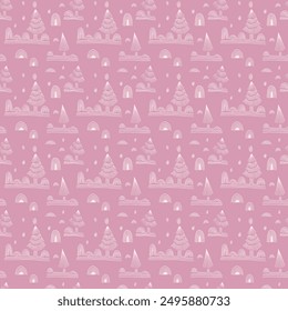 New Year, Christmas linear pattern with fir trees. Scandinavian Norwegian simple winter print. Minimalistic graphic illustration. Striped herringbone pattern with snowflakes, snowballs.