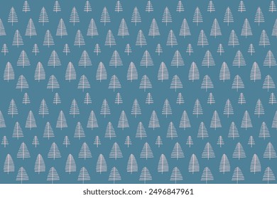 New Year, Christmas linear pattern with fir trees. Scandinavian Norwegian simple winter print. Minimalistic graphic illustration. Striped herringbone pattern with snowflakes, snowballs.