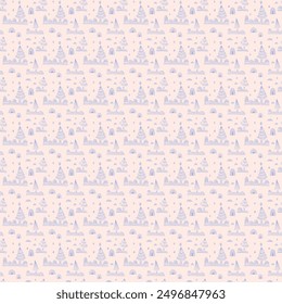 New Year, Christmas linear pattern with fir trees. Scandinavian Norwegian simple winter print. Minimalistic graphic illustration. Striped herringbone pattern with snowflakes, snowballs.