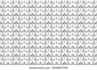 New Year, Christmas linear pattern with fir trees. Scandinavian Norwegian simple winter print. Minimalistic graphic illustration. Striped herringbone pattern with snowflakes, snowballs.