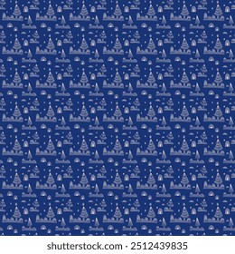 New Year, Christmas linear pattern with fir trees. Scandinavian Norwegian simple winter print. Minimalistic graphic illustration. Striped herringbone pattern with snowflakes, snowballs.
