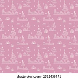 New Year, Christmas linear pattern with fir trees. Scandinavian Norwegian simple winter print. Minimalistic graphic illustration. Striped herringbone pattern with snowflakes, snowballs.