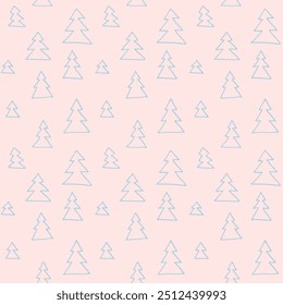 New Year, Christmas linear pattern with fir trees. Scandinavian Norwegian simple winter print. Minimalistic graphic illustration. Striped herringbone pattern with snowflakes, snowballs.