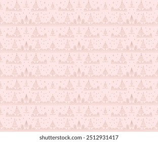 New Year, Christmas linear pattern with fir trees. Scandinavian Norwegian simple winter print. Minimalistic graphic illustration. Striped herringbone pattern with snowflakes, snowballs.