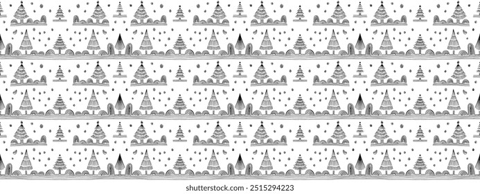New Year, Christmas linear pattern with fir trees. Scandinavian Norwegian simple winter print. Minimalistic graphic illustration. Striped herringbone pattern with snowflakes, snowballs.
