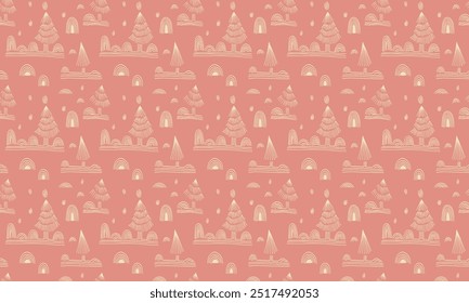 New Year, Christmas linear pattern with fir trees. Scandinavian Norwegian simple winter print. Minimalistic graphic illustration. Striped herringbone pattern with snowflakes, snowballs.