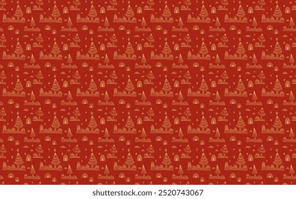 Neujahr, Weihnachten lineares Muster mit Tannenbäumen. Skandinavisch Norwegisch einfacher Winterdruck. Minimalistische grafische Darstellung. Gestreiftes Fischgrätenmuster mit Schneeflocken, Schneebällen.