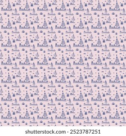 New Year, Christmas linear pattern with fir trees. Scandinavian Norwegian simple winter print. Minimalistic graphic illustration. Striped herringbone pattern with snowflakes, snowballs.