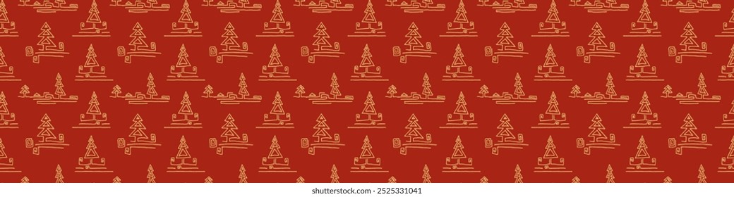 New Year, Christmas linear pattern with fir trees. Scandinavian Norwegian simple winter print. Minimalistic graphic illustration. Striped herringbone pattern with snowflakes, snowballs.