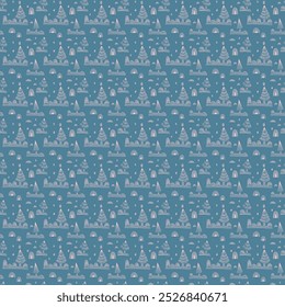 New Year, Christmas linear pattern with fir trees. Scandinavian Norwegian simple winter print. Minimalistic graphic illustration. Striped herringbone pattern with snowflakes, snowballs.