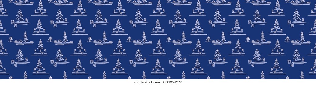New Year, Christmas linear pattern with fir trees. Scandinavian Norwegian simple winter print. Minimalistic graphic illustration. Striped herringbone pattern with snowflakes, snowballs.