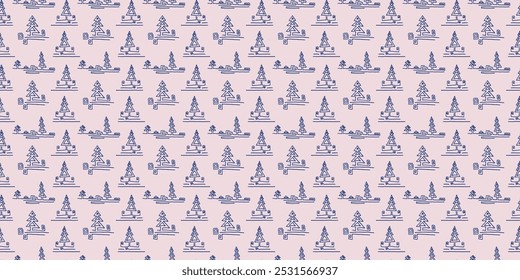 New Year, Christmas linear pattern with fir trees. Scandinavian Norwegian simple winter print. Minimalistic graphic illustration. Striped herringbone pattern with snowflakes, snowballs.