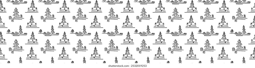 New Year, Christmas linear pattern with fir trees. Scandinavian Norwegian simple winter print. Minimalistic graphic illustration. Striped herringbone pattern with snowflakes, snowballs.