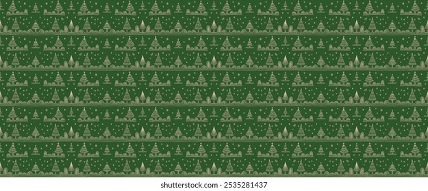 Neujahr, Weihnachten lineares Muster mit Tannenbäumen. Skandinavisch Norwegisch einfacher Winterdruck. Minimalistische grafische Darstellung. Gestreiftes Fischgrätenmuster mit Schneeflocken, Schneebällen.