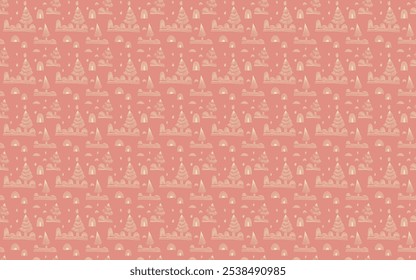 New Year, Christmas linear pattern with fir trees. Scandinavian Norwegian simple winter print. Minimalistic graphic illustration. Striped herringbone pattern with snowflakes, snowballs.