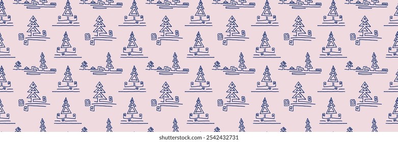 New Year, Christmas linear pattern with fir trees. Scandinavian Norwegian simple winter print. Minimalistic graphic illustration. Striped herringbone pattern with snowflakes, snowballs.