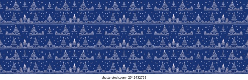 New Year, Christmas linear pattern with fir trees. Scandinavian Norwegian simple winter print. Minimalistic graphic illustration. Striped herringbone pattern with snowflakes, snowballs.