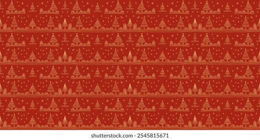 New Year, Christmas linear pattern with fir trees. Scandinavian Norwegian simple winter print. Minimalistic graphic illustration. Striped herringbone pattern with snowflakes, snowballs.