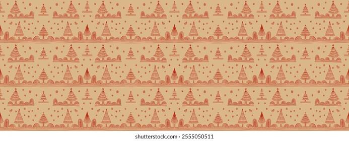 New Year, Christmas linear pattern with fir trees. Scandinavian Norwegian simple winter print. Minimalistic graphic illustration. Striped herringbone pattern with snowflakes, snowballs.