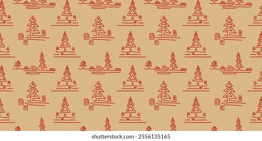 New Year, Christmas linear pattern with fir trees. Scandinavian Norwegian simple winter print. Minimalistic graphic illustration. Striped herringbone pattern with snowflakes, snowballs.