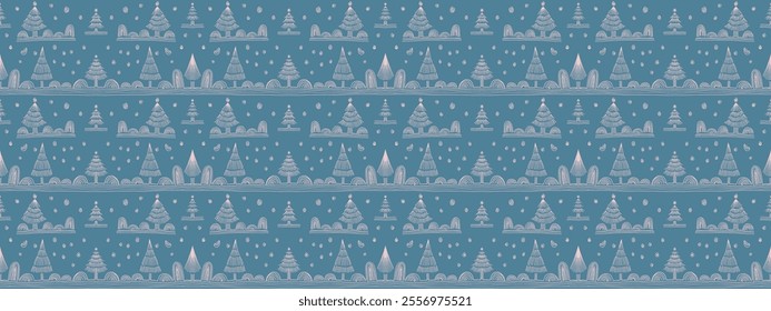 New Year, Christmas linear pattern with fir trees. Scandinavian Norwegian simple winter print. Minimalistic graphic illustration. Striped herringbone pattern with snowflakes, snowballs.