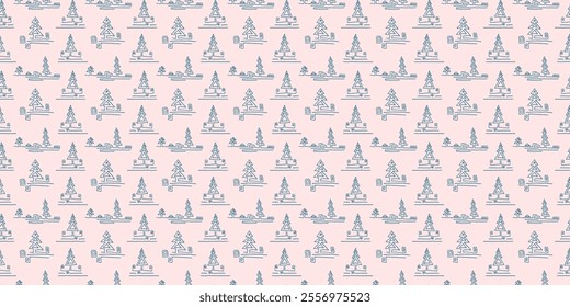 New Year, Christmas linear pattern with fir trees. Scandinavian Norwegian simple winter print. Minimalistic graphic illustration. Striped herringbone pattern with snowflakes, snowballs.