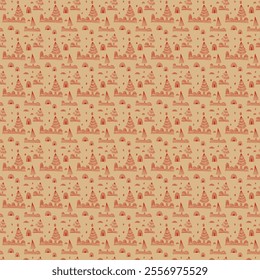 New Year, Christmas linear pattern with fir trees. Scandinavian Norwegian simple winter print. Minimalistic graphic illustration. Striped herringbone pattern with snowflakes, snowballs.