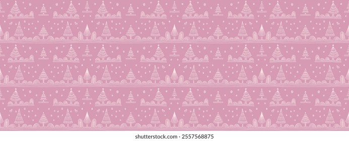 New Year, Christmas linear pattern with fir trees. Scandinavian Norwegian simple winter print. Minimalistic graphic illustration. Striped herringbone pattern with snowflakes, snowballs.