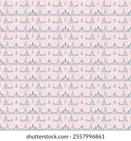 New Year, Christmas linear pattern with fir trees. Scandinavian Norwegian simple winter print. Minimalistic graphic illustration. Striped herringbone pattern with snowflakes, snowballs.