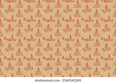 New Year, Christmas linear pattern with fir trees. Scandinavian Norwegian simple winter print. Minimalistic graphic illustration. Striped herringbone pattern with snowflakes, snowballs.
