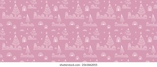 New Year, Christmas linear pattern with fir trees. Scandinavian Norwegian simple winter print. Minimalistic graphic illustration. Striped herringbone pattern with snowflakes, snowballs.