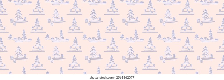 New Year, Christmas linear pattern with fir trees. Scandinavian Norwegian simple winter print. Minimalistic graphic illustration. Striped herringbone pattern with snowflakes, snowballs.