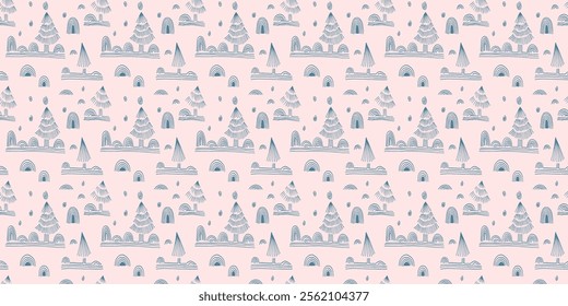 New Year, Christmas linear pattern with fir trees. Scandinavian Norwegian simple winter print. Minimalistic graphic illustration. Striped herringbone pattern with snowflakes, snowballs.