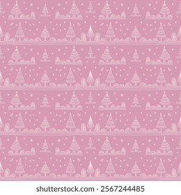 New Year, Christmas linear pattern with fir trees. Scandinavian Norwegian simple winter print. Minimalistic graphic illustration. Striped herringbone pattern with snowflakes, snowballs.