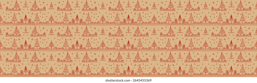 New Year, Christmas linear pattern with fir trees. Scandinavian Norwegian simple winter print. Minimalistic graphic illustration. Striped herringbone pattern with snowflakes, snowballs.